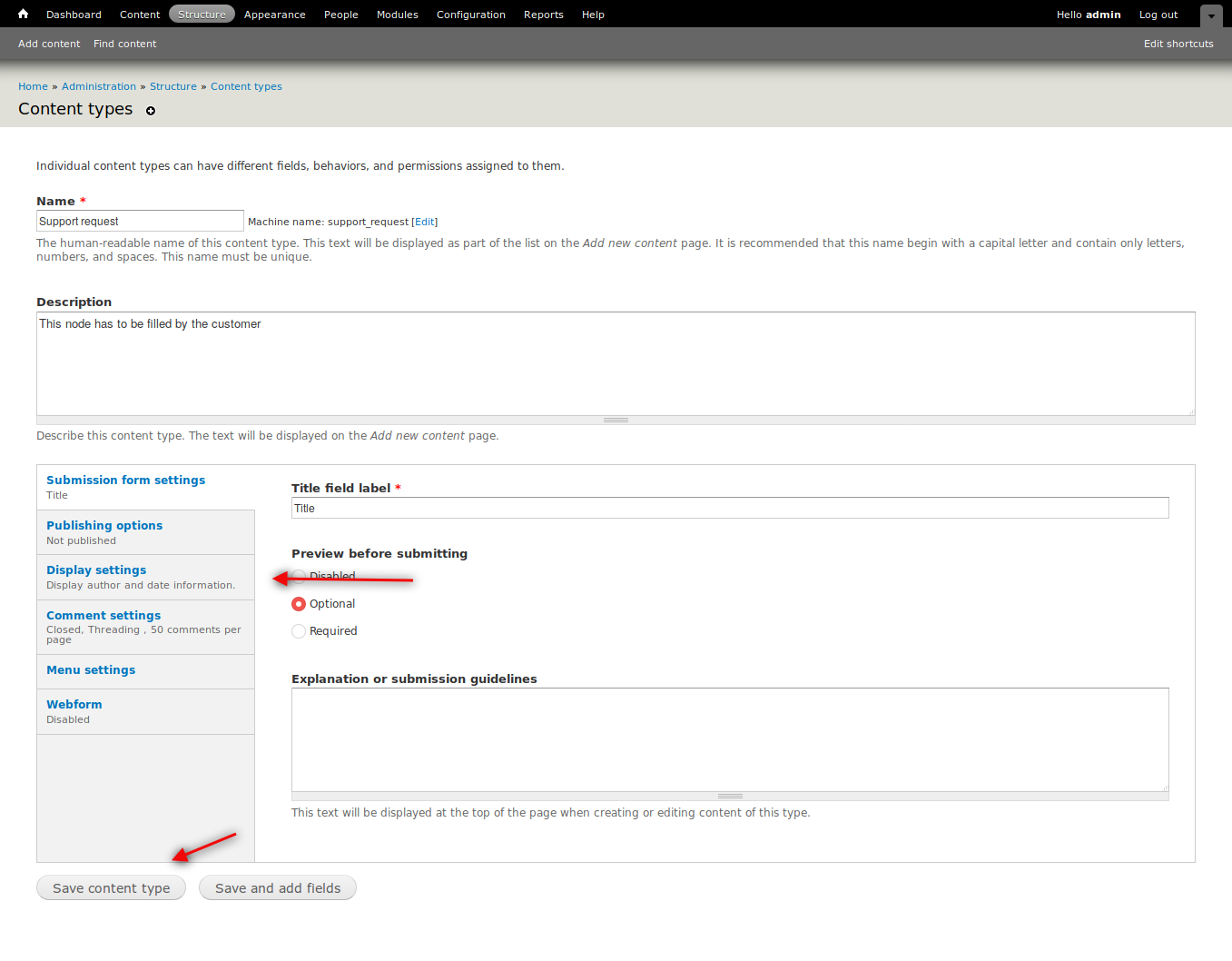Content type for Request Contact Form in Drupal 7