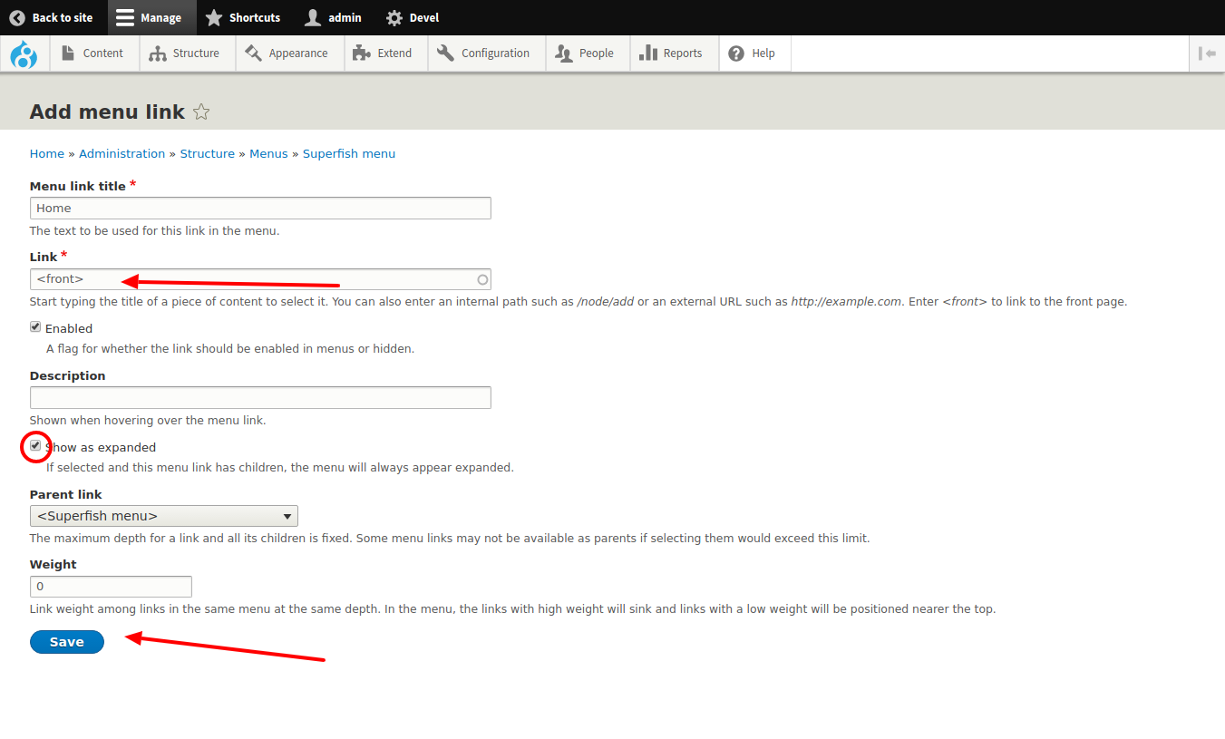Create menu link and click Save