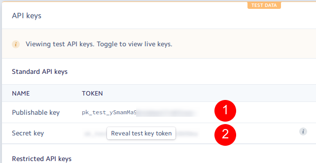 Copy the API keys from your Stripe account