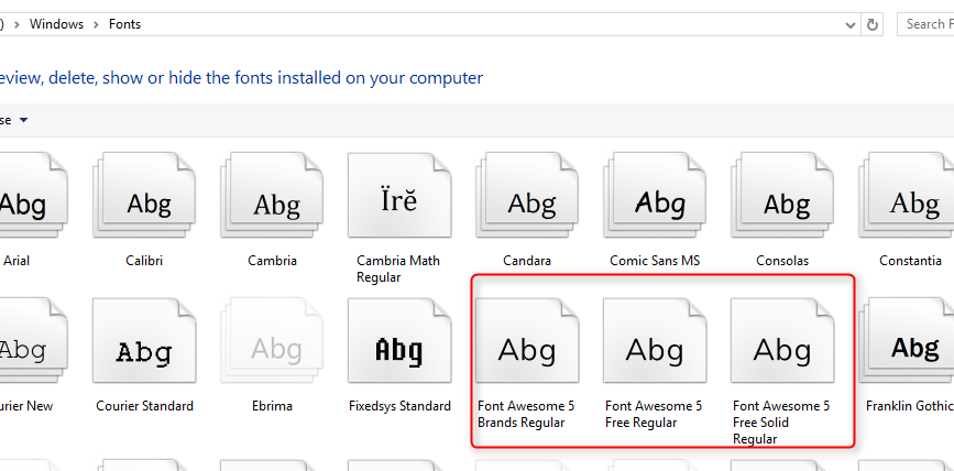 09 font awesome font files seen in font manager