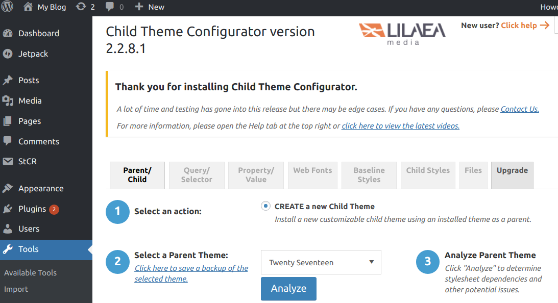 child theme configurator main screen