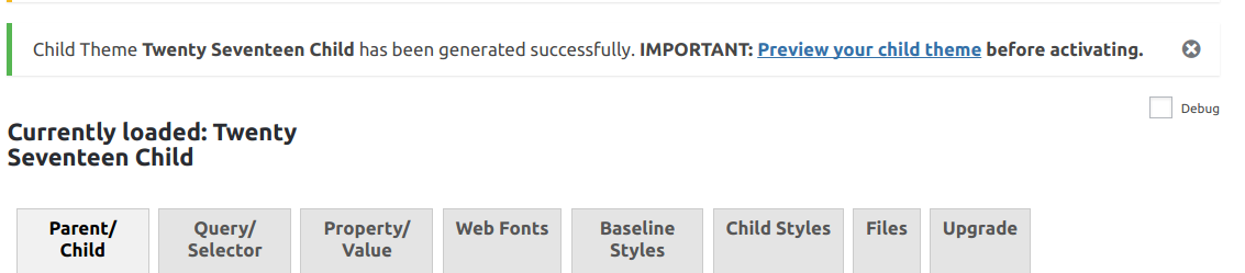 child theme has been generated message