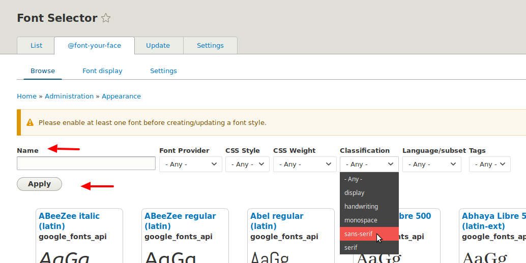 Drupal webfonts font selector
