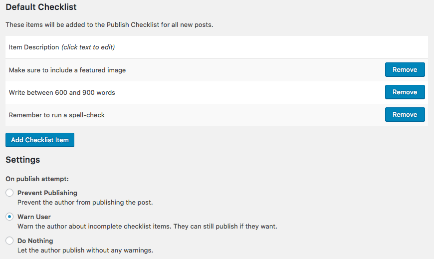 pre publish post checklist settings